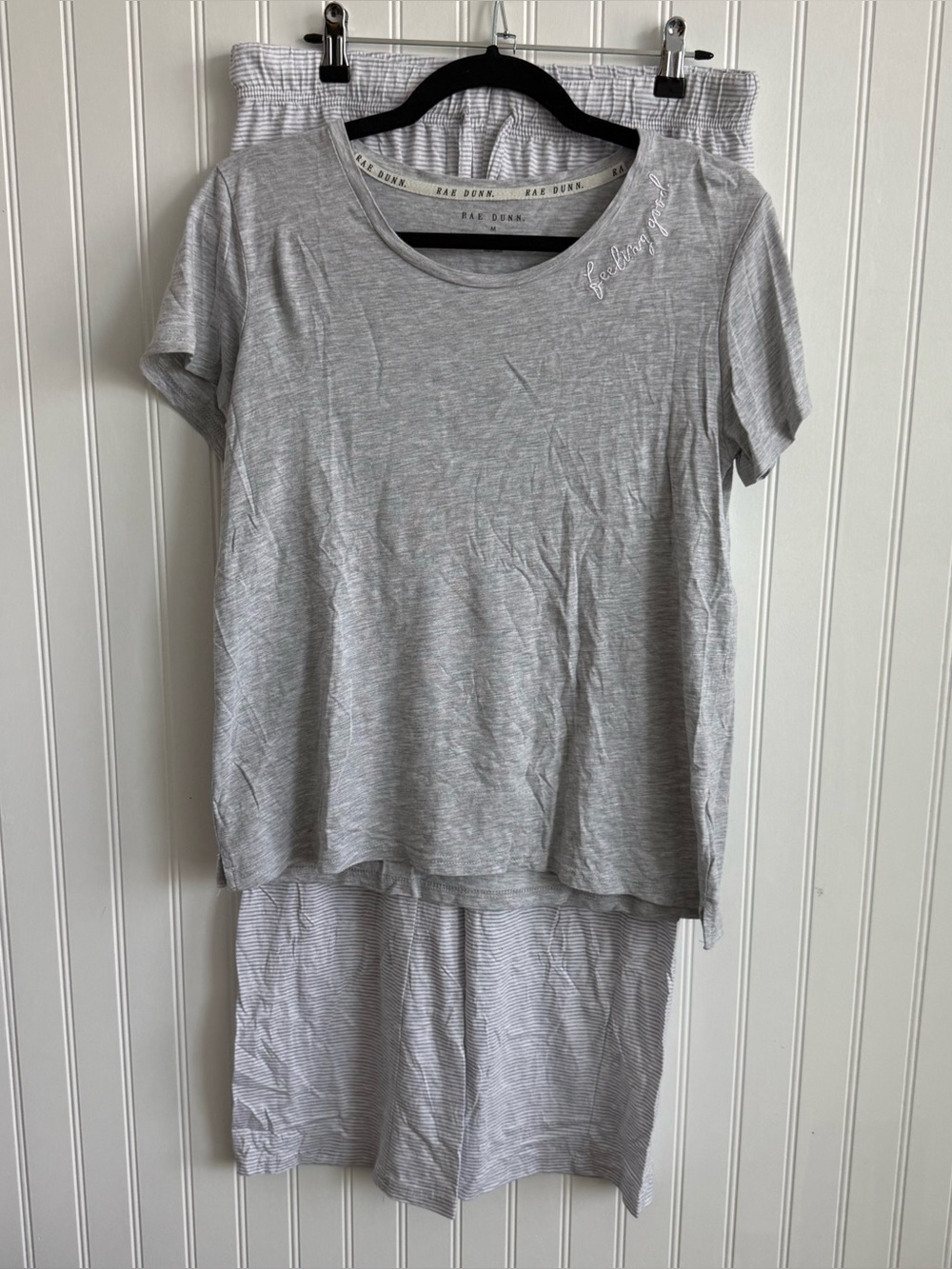 Rae Dunn Pajama Set Short Sleeve "Feeling Good" Top & Striped Pants Size M